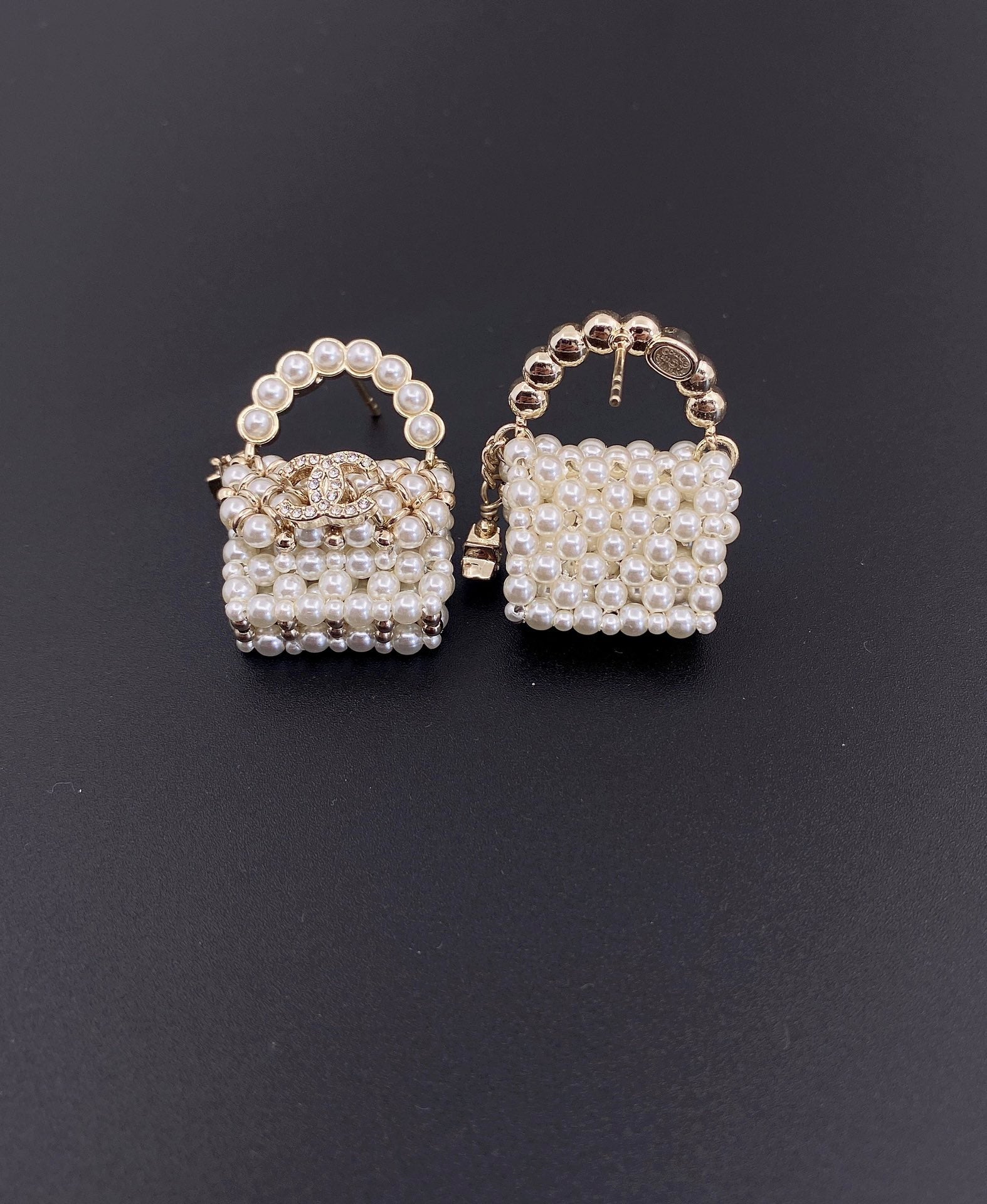 18K Chanel Small Bag Pearl Earrings