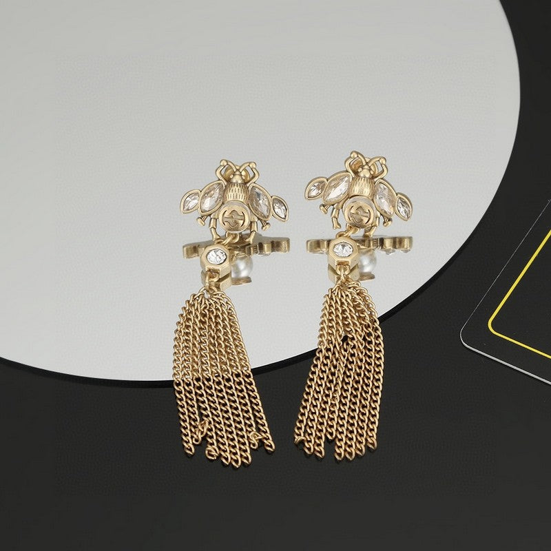 18K Gucci Double Bee Tassel Crystal Earrings