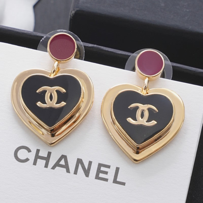 18K Chanel Black & Red Heart Gold Earrings