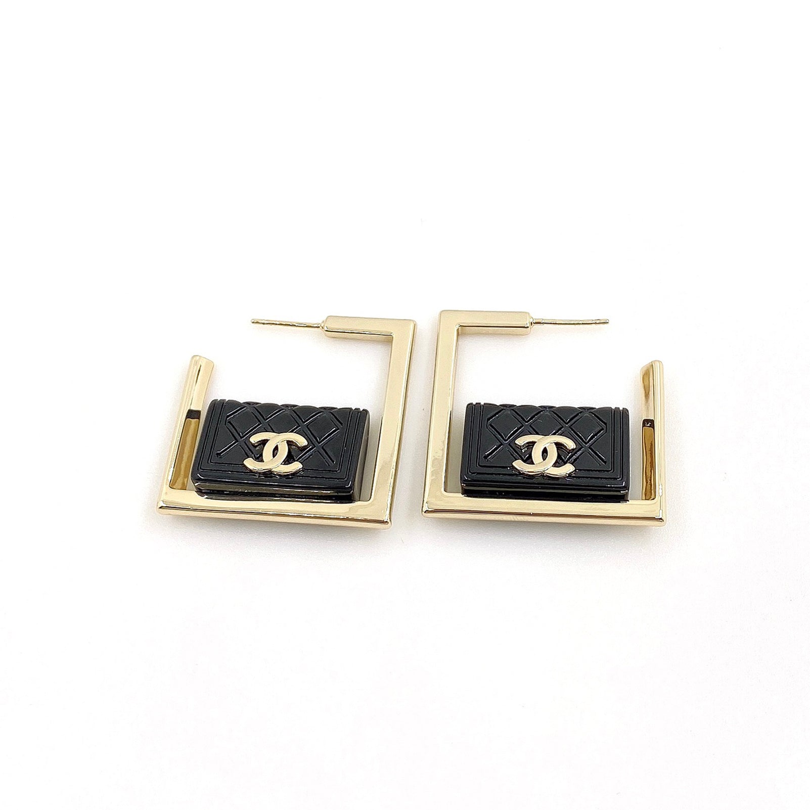 18K Chanel Black Bag Pendant Earrings