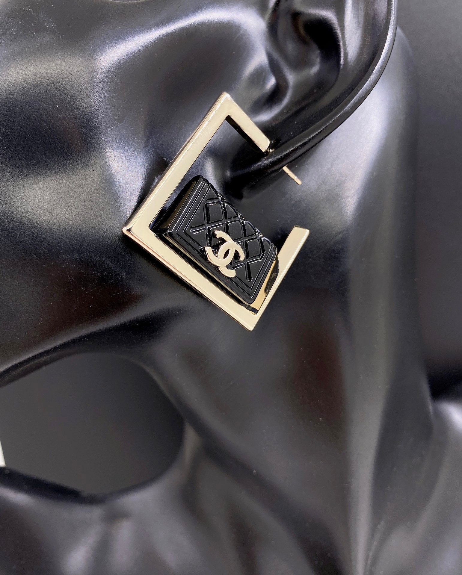 18K Chanel Black Bag Pendant Earrings