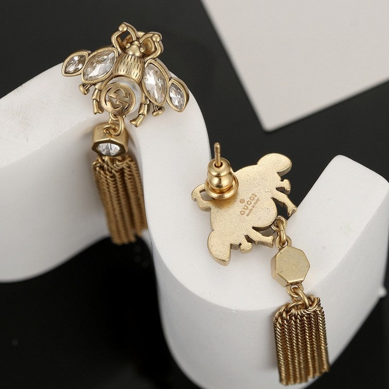 18K Gucci Double Bee Tassel Crystal Earrings
