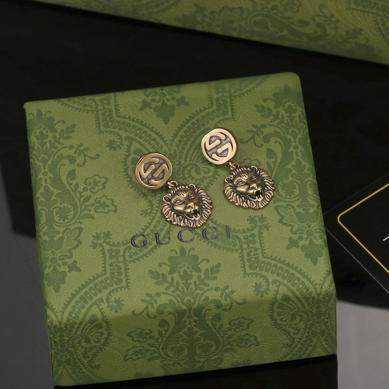 18K Gucci Double Lion Pendant Earrings