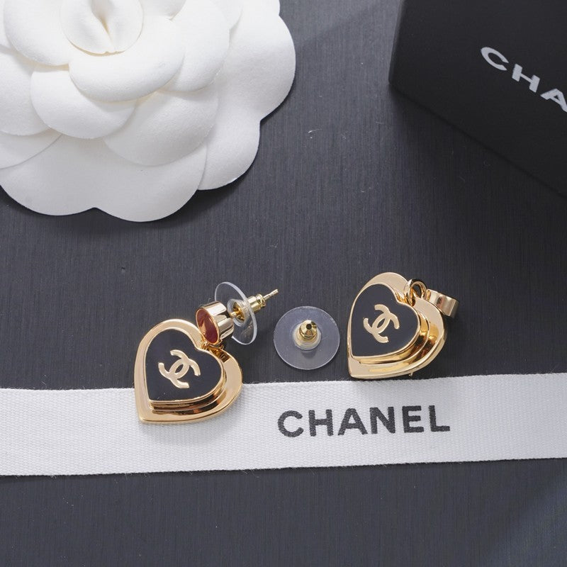 18K Chanel Black & Red Heart Gold Earrings