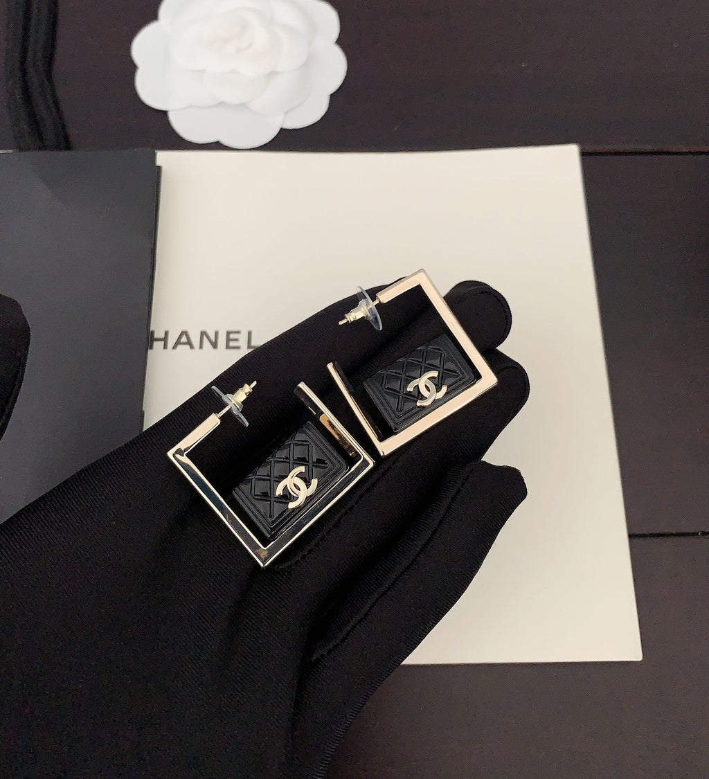18K Chanel Black Bag Pendant Earrings