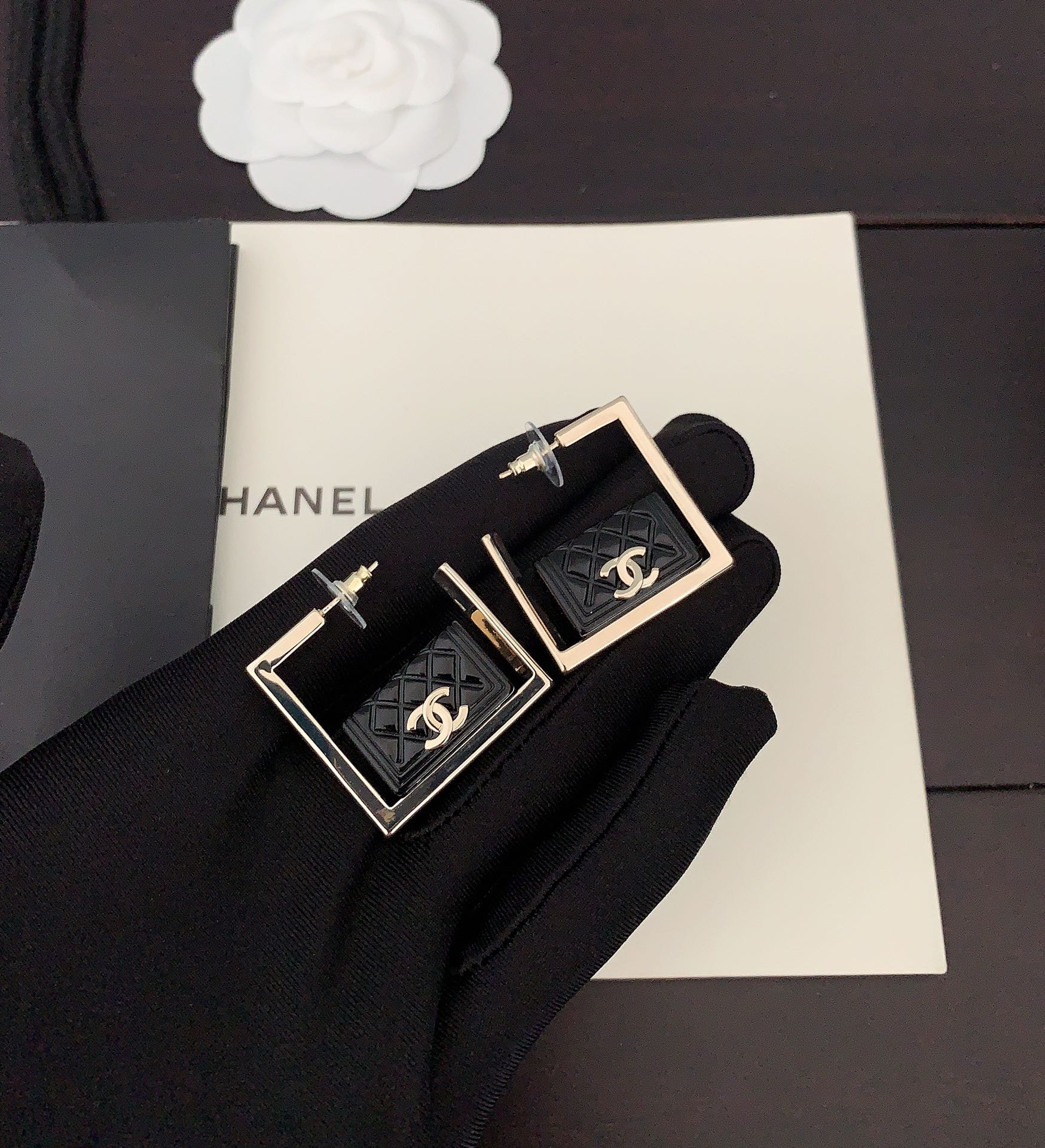 18K Chanel Black Bag Pendant Earrings