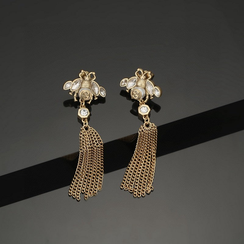 18K Gucci Double Bee Tassel Crystal Earrings