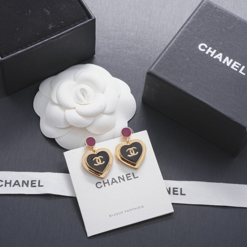 18K Chanel Black & Red Heart Gold Earrings