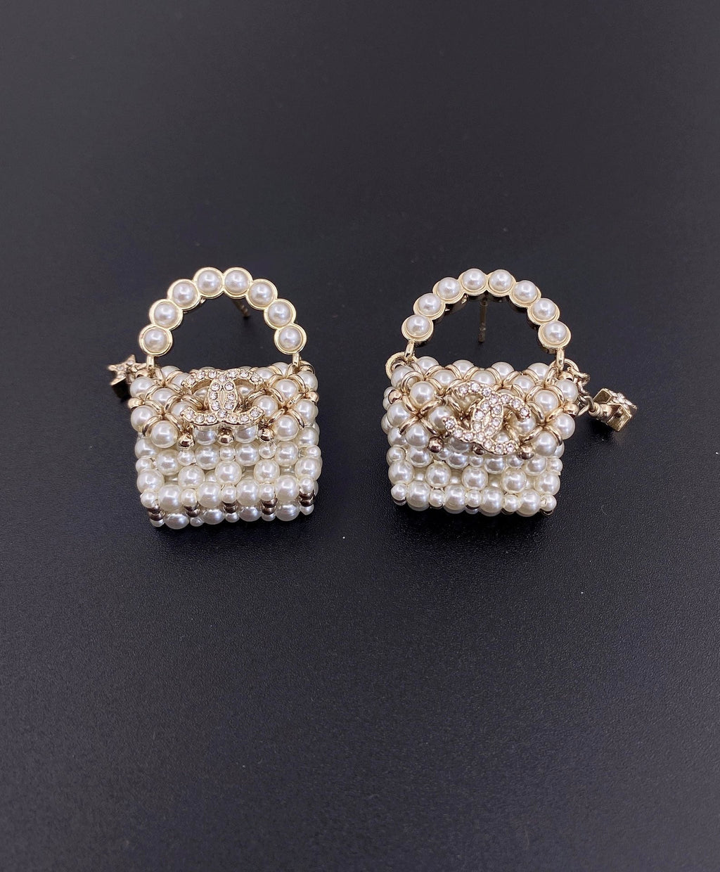 18K Chanel Small Bag Pearl Earrings