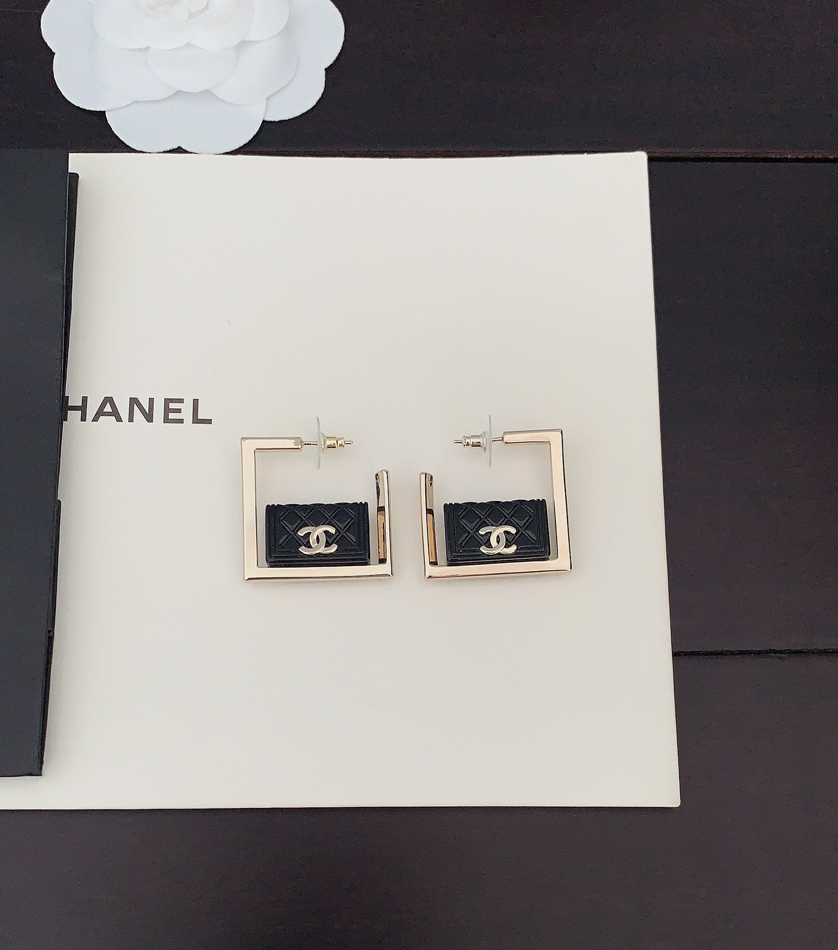 18K Chanel Black Bag Pendant Earrings