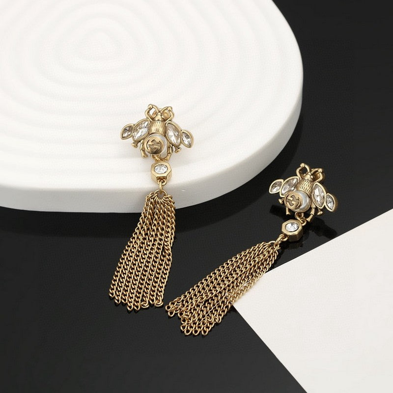 18K Gucci Double Bee Tassel Crystal Earrings