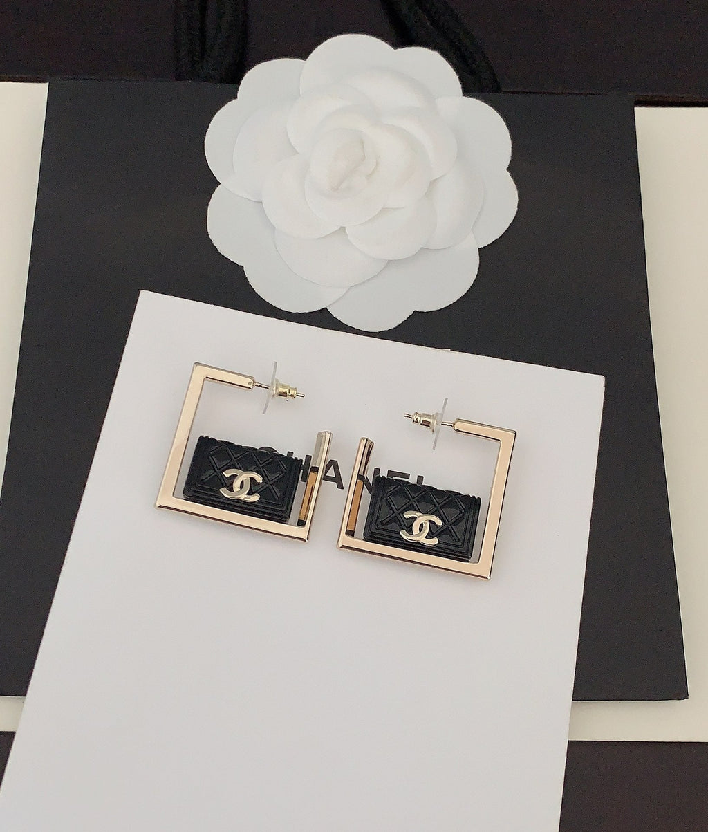18K Chanel Black Bag Pendant Earrings