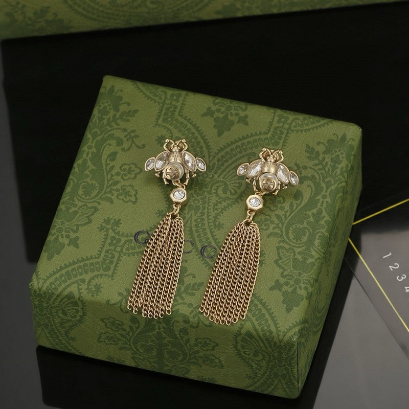 18K Gucci Double Bee Tassel Crystal Earrings