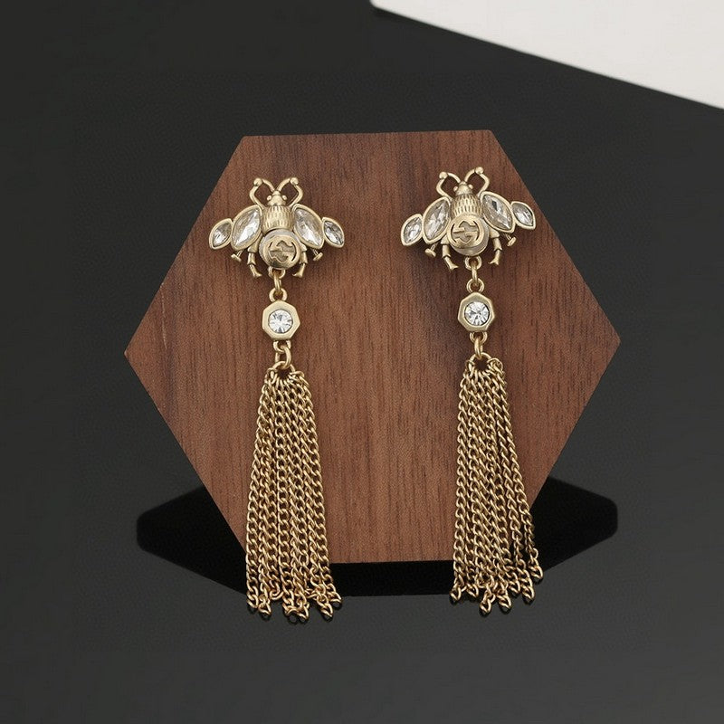 18K Gucci Double Bee Tassel Crystal Earrings