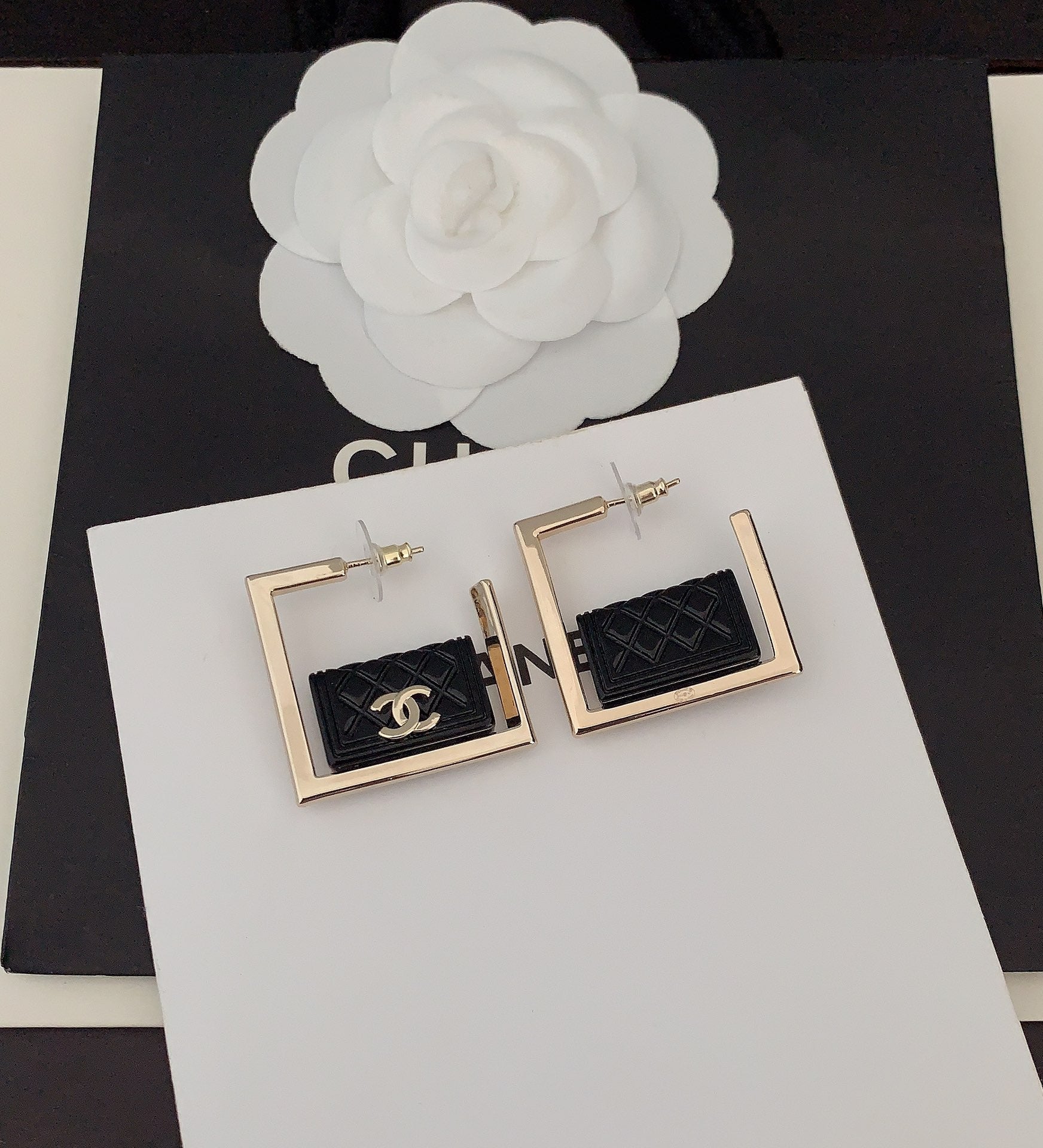 18K Chanel Black Bag Pendant Earrings