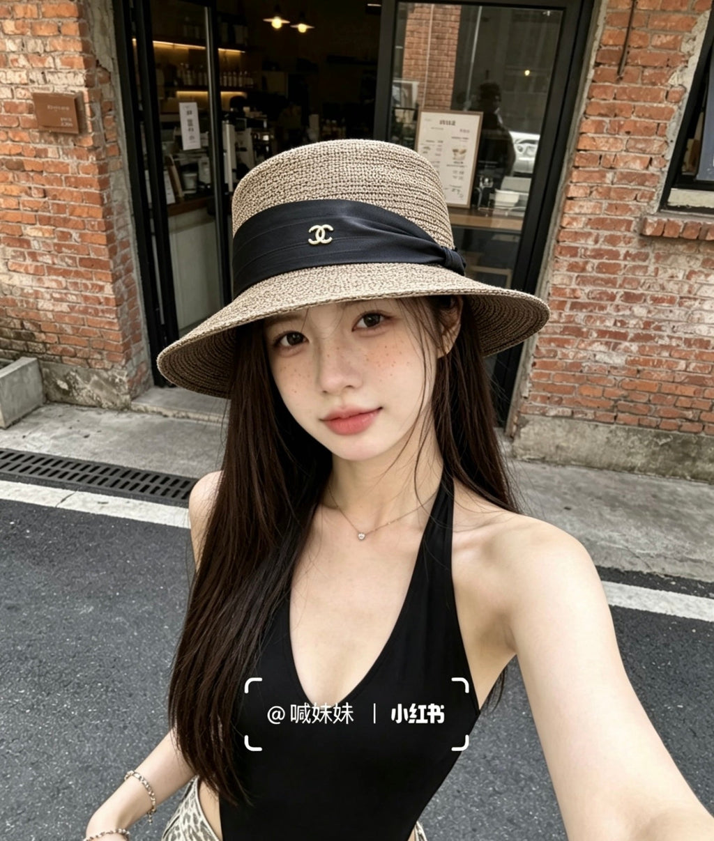 Chanel Straw Flat-Top Hat
