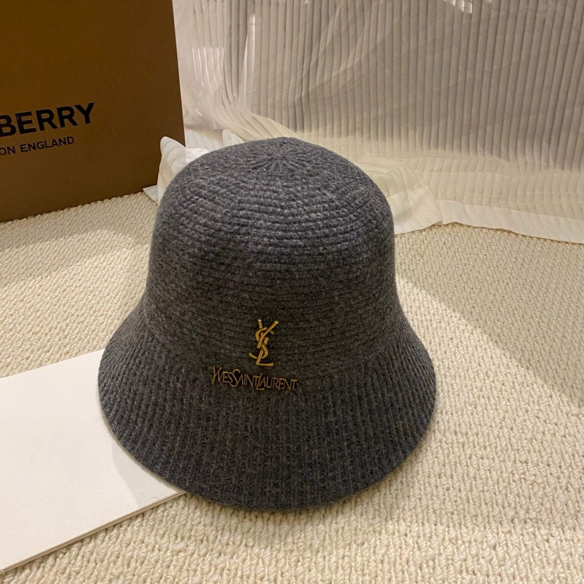 Saint Laurent Gold Logo Knitted Bucket Hat